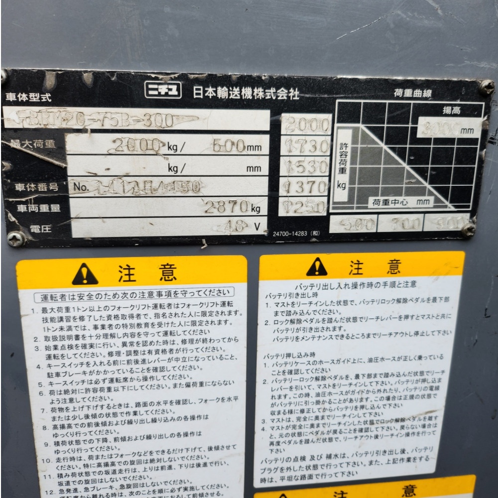 니찌유 2톤 전동 지게차 FBR-20 75B 2012년식 배터리 2022년식